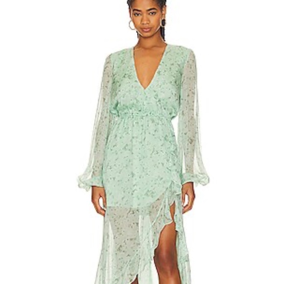 CAROLINE CONSTAS Liv Gown in Mint Blossom silk long sleeve - Picture 1 of 11